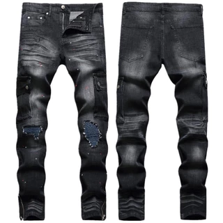Venda quente novo joelho masculino rasgado Jeans estiramento High Street na moda laca calças magro-ajuste motocicleta plissado calças magras