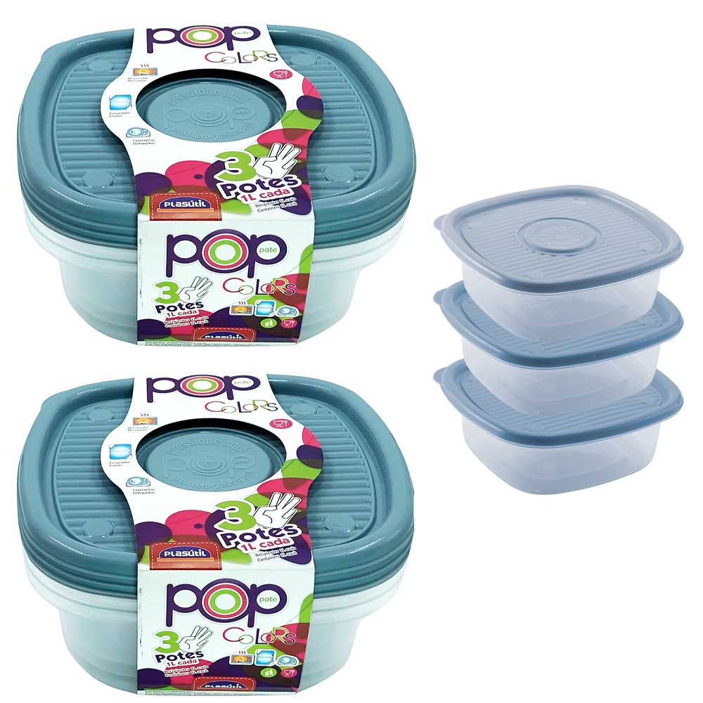 Kit com 6 potes azul plástico de 1 Litro para alimentos mantimentos ...