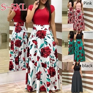 Vestido Longo De Manga Curta Com Estampa De Flores / Bolinhas / Cintura Alta / Elástico / Casual