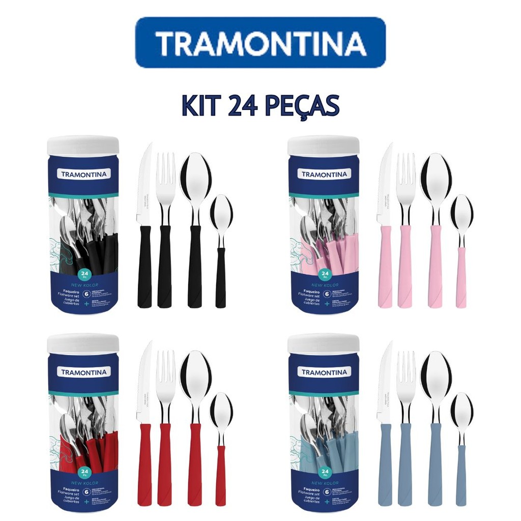 JOGO DE TALHERES FAQUEIRO TRAMONTINA 24 PEÇAS AÇO INOX-NEW KOLOR