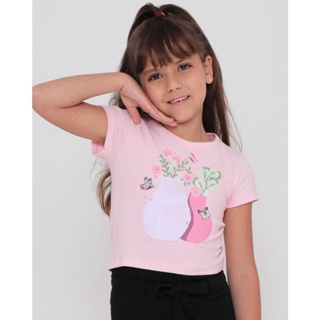 Blusa Infantil Paetê Reversível Flores Rosa Claro