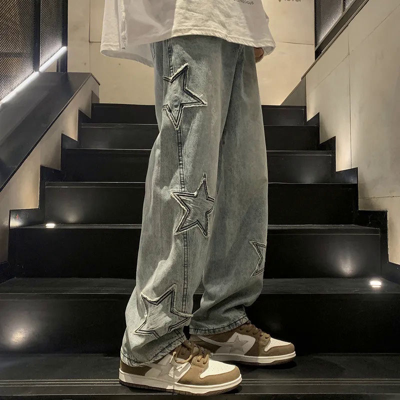 Y2K Vintage Homens Coreano Azul Streetwear Oversize Estrela Estética Calças Retas Perna Larga Jeans Grunge Denim Calças Roupas Femininas
