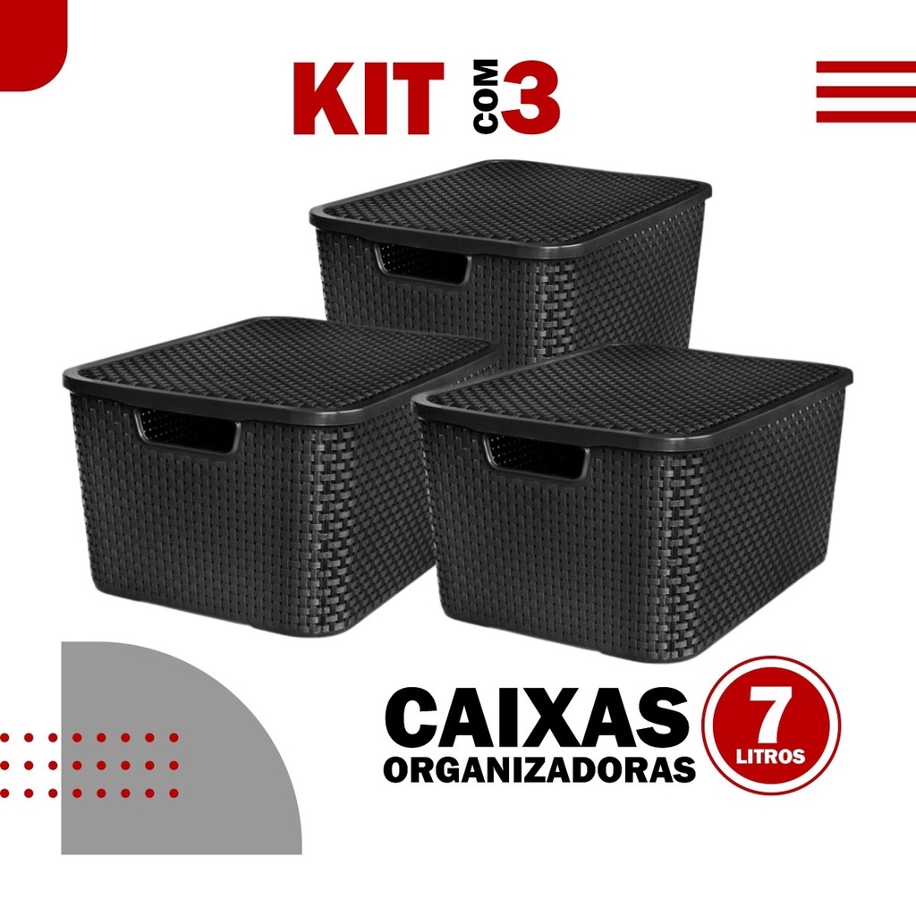 Kit Com 3 Caixa Organizadora Cesto Rattan 7L C/ Tampa Arqplast/Rischiot