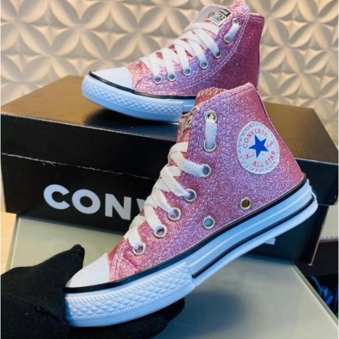 Bota all star Feminino Rosa glitter Infantil Cano alto Promoção do 26 ...