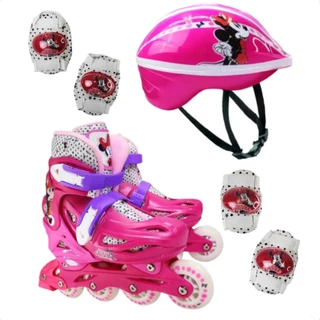 Patins Com Kit de Proteção Infantil Feminino Minnie Rosa Inline Ajustável Tam 35-38 Suporta Até 100kg - Multikids