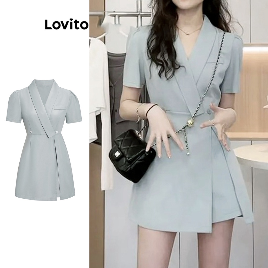 Lovito Elegante Vestido Feminino Liso de Camada Dupla L68ED183 (Azul)