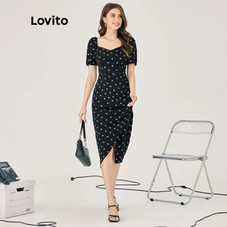 Lovito Elegante Vestido De Bolinhas Ruched Manga Bufante Decote Quadrado Para Mulheres L47ED133 (Preto E Branco)