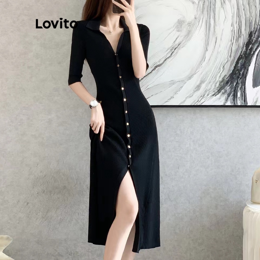 Lovito Elegante Vestido Feminino Liso de Moletom com Manga Curta Botão Frontal e Fenda LNA08056 (Preto)