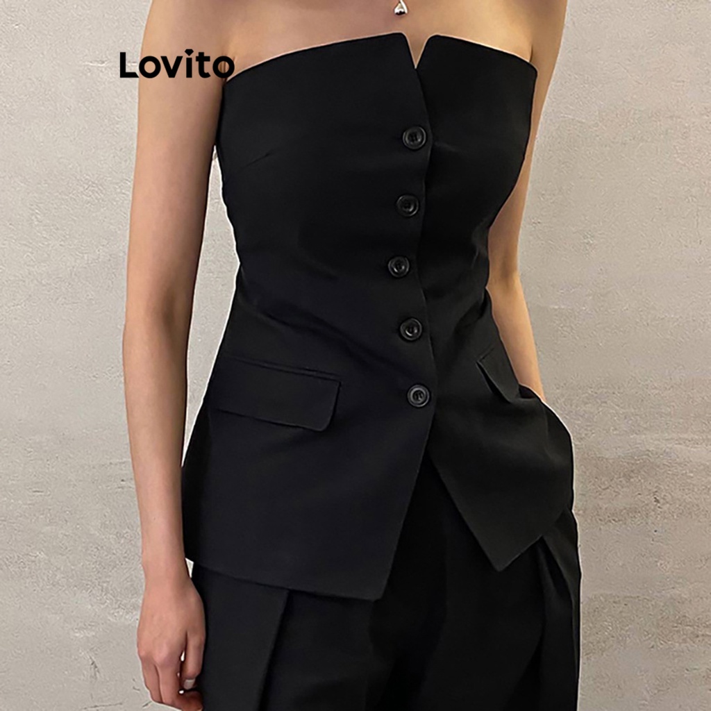 Lovito Regata Casual Com Botão Liso Para Mulheres LNL39074 (Preto)