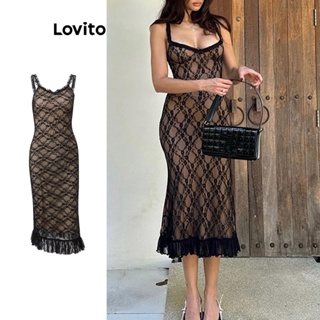 Lovito Vestido Elegante De Malha Contrastante De Renda Guingão Para Mulheres LNL42045