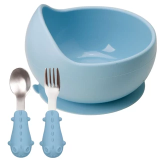 Conjunto Tigela Bowl Com Ventosa Talheres Em Silicone E Inox Azul Buba