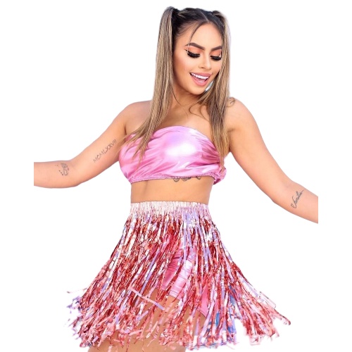 Saia De Fitas Colorida Moda Verao Metalizado Com Franjas