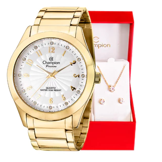 Relógio Champion Feminino Analógico Dourado + Kit Colar e Brincos Original À Prova d