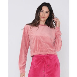 Blusa Feminina Plush Manga Longa Cropped Rosa Clara