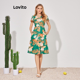 Lovito Vestido Floral com Botões e Bolsos para Mulheres LBE04065 (Multicolorido)