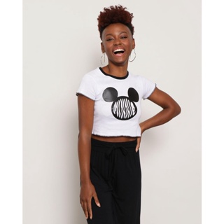 Camiseta Cropped Feminina Disney Minnie Manga Curta Branca