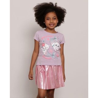Blusa infantil Manga Curta Estampa Sereias Lilás
