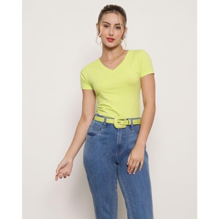 Blusa Feminina Canelada Manga Curta Neon Verde
