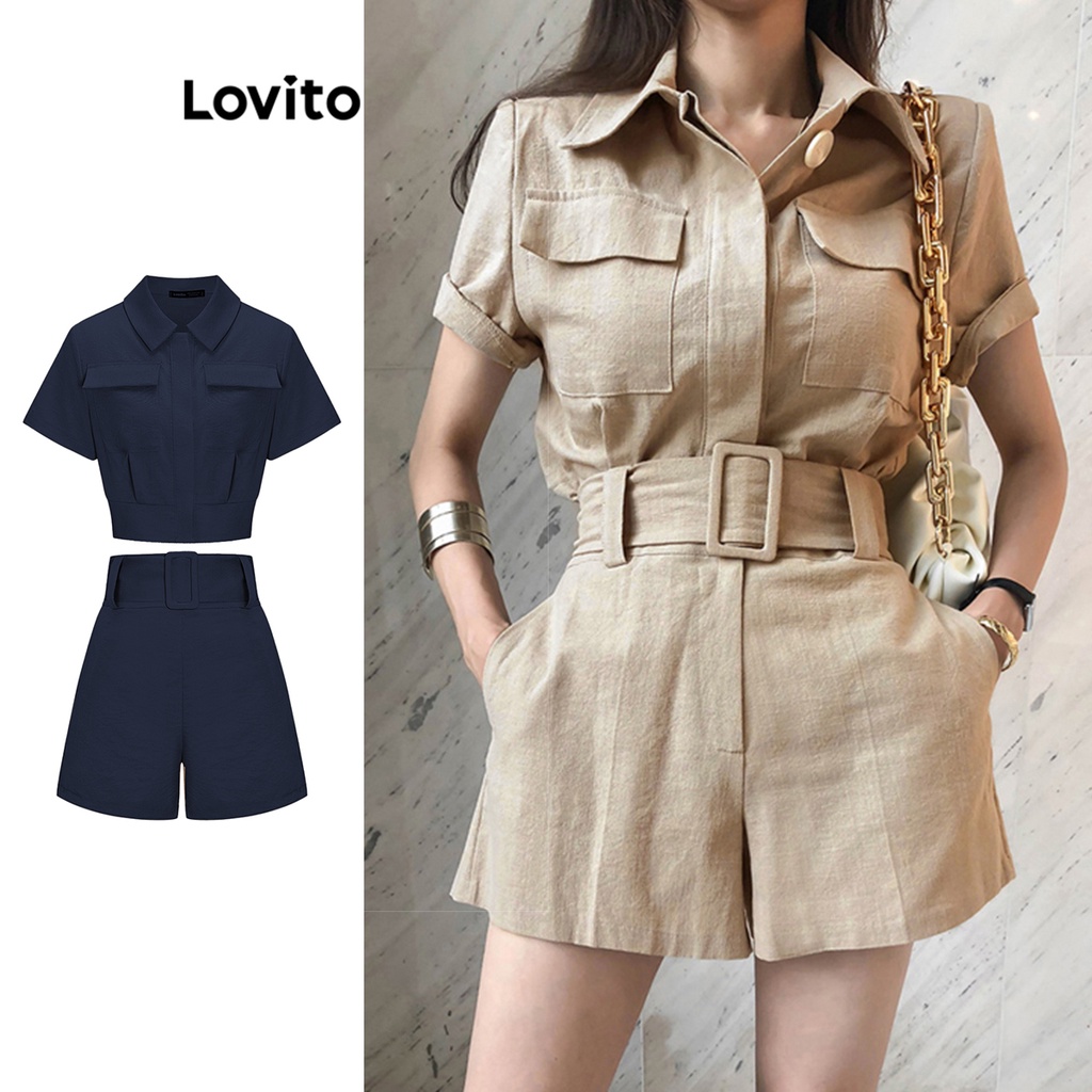 Lovito Casual Conjunto Feminino Liso de Shorts com Cinto Bolso e Botão Frontal L68ED130 (Cáqui Claro/Azul)
