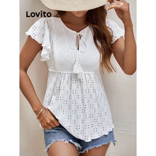 Lovito Blusa Feminina Casual Com Babados E Ilhós Bordado Com Renda LNE31051 (Branco)