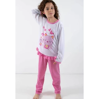 Pijama Feminino Inverno Poá Babado Comprido Infantil em Oferta na Shopee