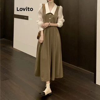 Lovito Casual Vestido Básico com Botões 2 em 1 para Mulheres LNA20064 (Caqui)