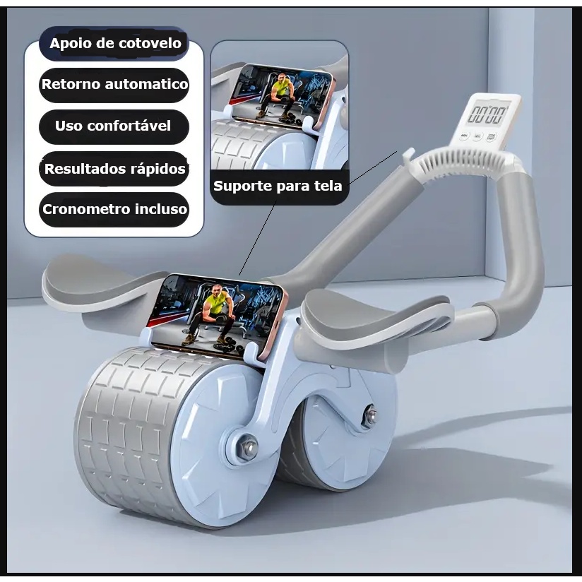 Roda rolo de Abdominal com Suporte de Cotovelo com suporte de celular e Cronometro rolo de exercícios com Rebote Automático