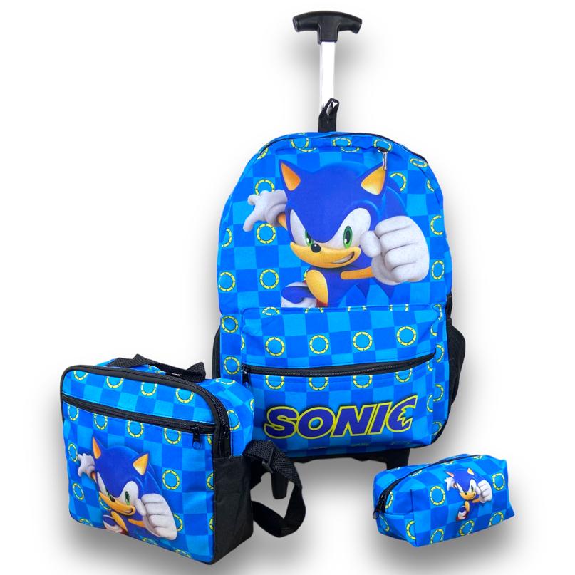 Kit Mochila escolar de Rodinhas Sonic Lancheira térmica e estojo