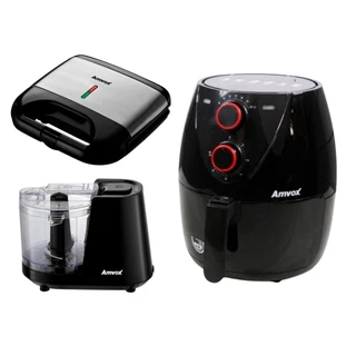 Kit Cozinha Fritadeira Sem Óleo Air Fryer + Mini Processador de Alimentos + Sanduicheira Grill 200V