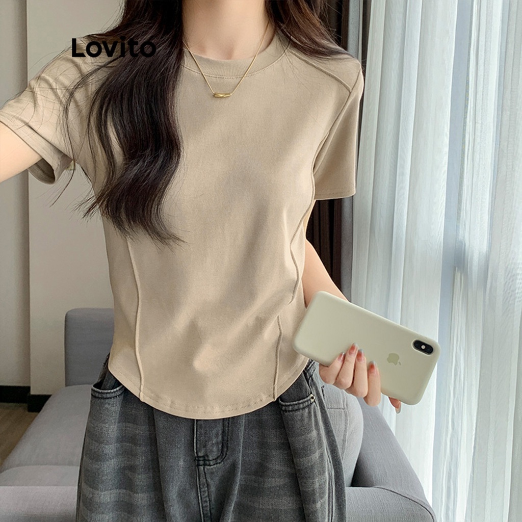 Lovito Camiseta B Sica Simples Casual Para Mulheres Lne Caqui Shopee Brasil