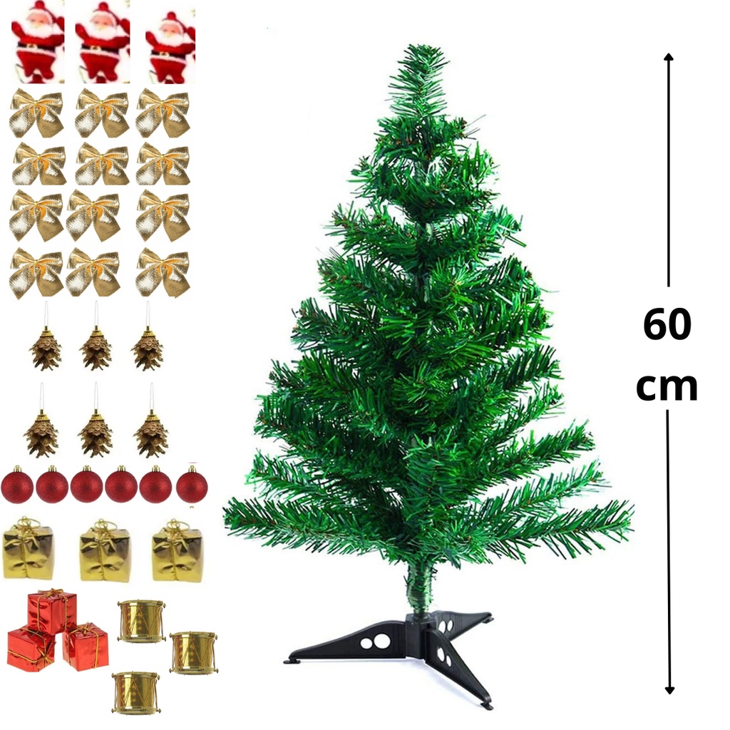 Árvore De Natal 60cm + 36 Enfeites Decorada