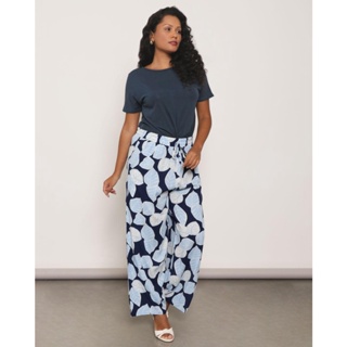 Calça Feminina Pantalona Viscose Estampada Azul