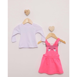 Conjunto Bebê Salopete Com Blusa Estampa Gatinho Rosa