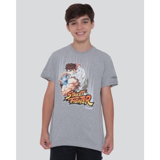 Camiseta Juvenil Gangster Ryu Street Fighter Mescla Cinza