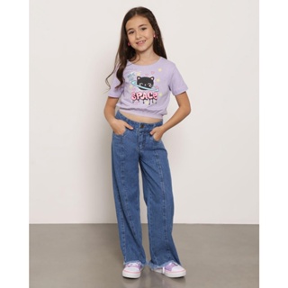 Calça Jeans Infantil Wide Leg com Bolso Azul
