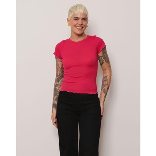 Blusa Feminina Manga Curta Frufru Canelada Rosa