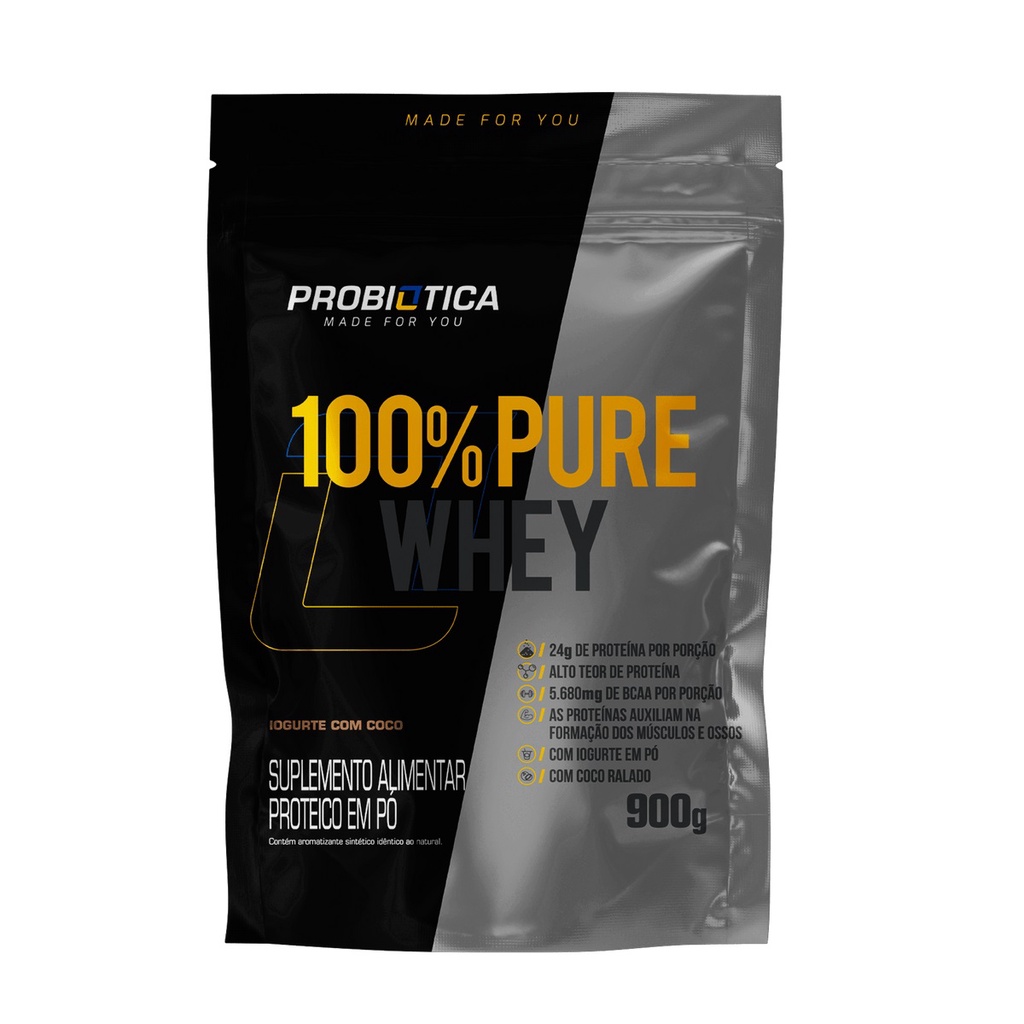 Whey Protein Refil Probiotica 100% Pure Whey 900g Sabor Iogurte Com Coco