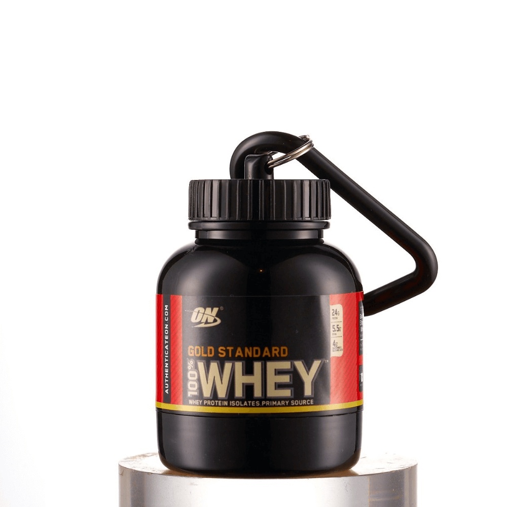 Porta Whey Protein e Suplementos Gold Funil Portátil Chaveiro 100ml