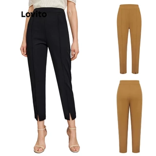Lovito Elegant Calça Lisa com Fenda Frontal Cintura Elástica e Costura L24ED059 (Preto)