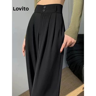 Lovito Casual Calça Feminina Lisa Plissada com Zíper L49AD132 (Cinza)