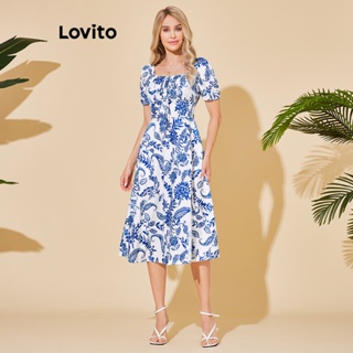 Lovito Vestido Boho com Laço Frontal Dividido e Estampa Floral Delicada para Mulheres LBL06060 (Multicolorido)