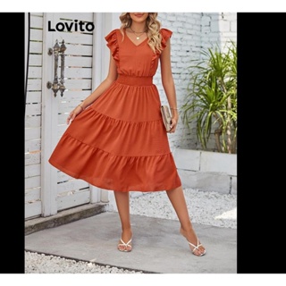 Lovito Vestido Boho Liso Com Babados Para Mulheres LNL41062