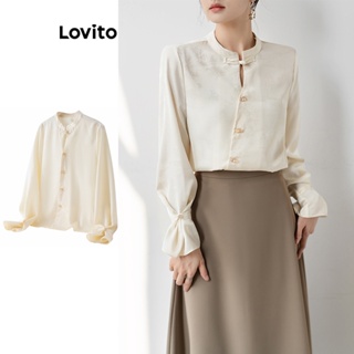 Lovito Blusa Elegante Jacquard Frontal Com Botão Liso Para Mulheres LNE41267