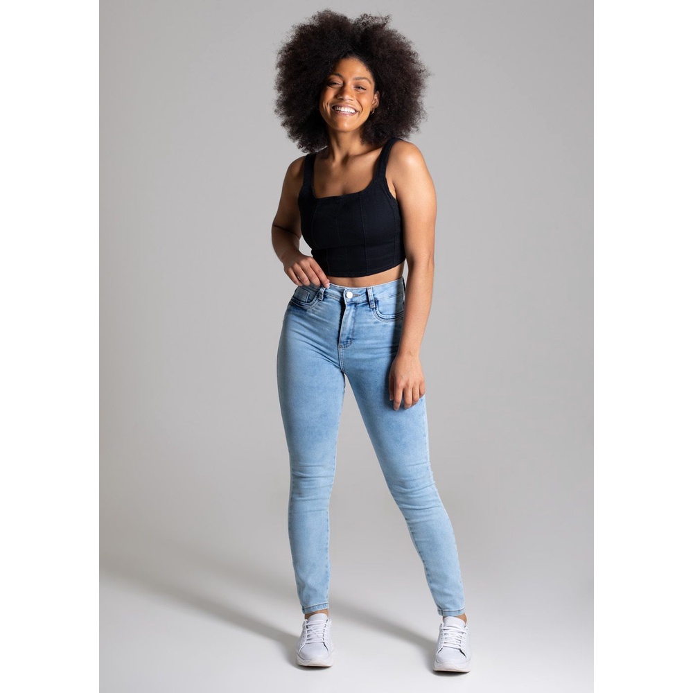 Calça Jeans Médio Feminina Skinny Justa Cintura Alto Levanta