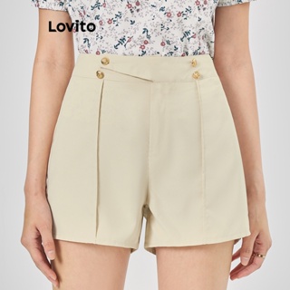 Lovito Elegante Shorts Feminino Liso Assimétrico L68ED089 (Damasco/Preto)