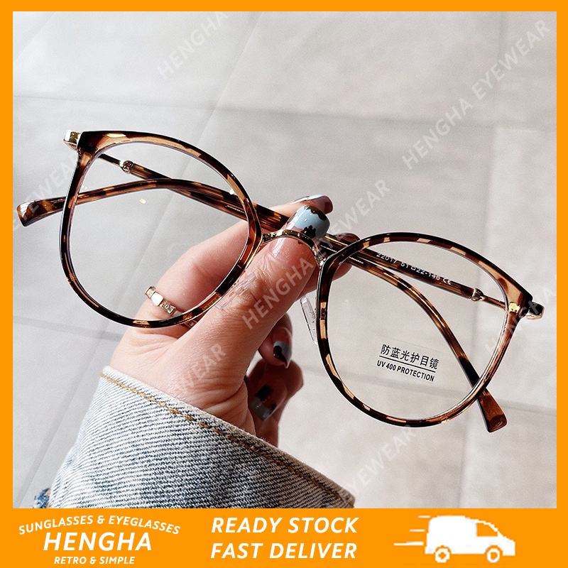 (HENGHA) Óculos Retro Leopardo Anti-Radiação De Moda Coreanos De Moldura Redonda De Tamanho Superior