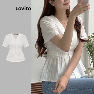 Lovito Blusa Elegante Lisa Com Renda E Botão Franzido Para Mulheres L74ED234