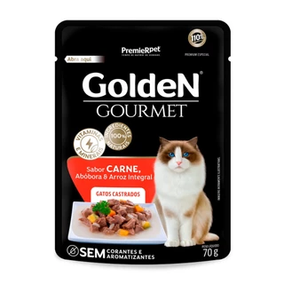 Ração Úmida Golden Gourmet Para Gatos Castrados Carne 70g em Oferta na Shopee