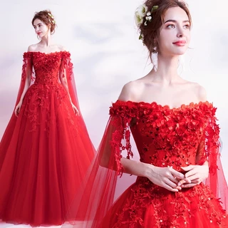 Vestido de Noite Rosa Vermelho Gaze Gaze Manga Longa Novo Estilo Noiva Vestido de Noiva Torrado Vestido de Noiva Fada Venda por atacado