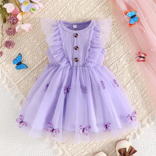 Vestido De Bebê Menina Crianças 9 Meses-4 anos Moda Verão Sem Manga Tulle Borboleta Fofo Desenho Vestidos De Princesa Infantil